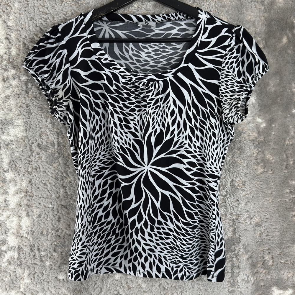 Worthington Petites Size PM Abstract Print Stretch Top‎ Black White Short Sleeve
